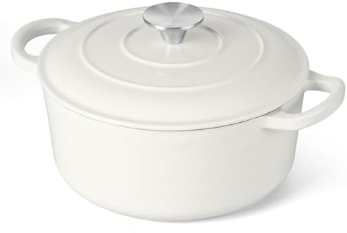 3 Qt Enameled Cast Iron Dutch Oven with Lid, E-far Small Round Nonstick Dutch Oven Pot for Bread Baking Braising Stews Roasting Cooking, Heavy Duty, Induction & Oven Safe - White by E-far