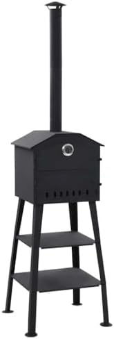 Outdoor Pizza Oven Charcoal Fired with 2 Fireclay Stones, Portable Backyard Pizza Maker for Bread Cakes Pies, Black Metal Construction with Thermometer and Storage Shelves - Image 2