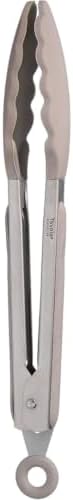 Tovolo Kitchen Tongs with Silicone Tips 9 Inch for Cooking Mixing and Serving, Easy Clean Dishwasher Safe Silicone Tipped Tongs with Locking Stainless Steel Heat Resistant, Warm Gray by Tovolo