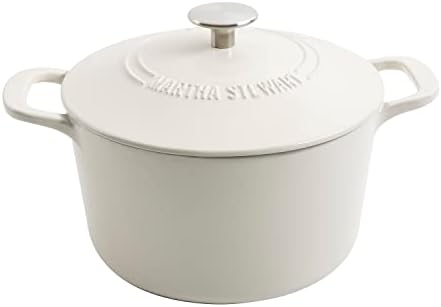MARTHA STEWART Gatwick 7-Quart Enamel Cast Iron Dutch Oven – Linen Color with Silver Knob – Durable Heavy-Duty Dutch Oven for Slow Cooking and Braising by MarthaStewart
