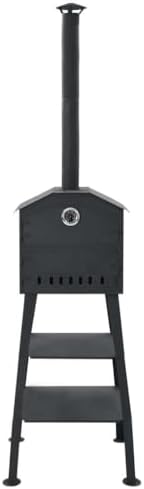 Outdoor Pizza Oven Charcoal Fired with 2 Fireclay Stones, Portable Backyard Pizza Maker for Bread Cakes Pies, Black Metal Construction with Thermometer and Storage Shelves by Unknown