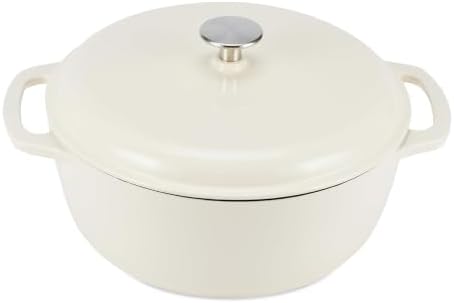 Amazon Basics Enameled Cast Iron Dutch Oven Pot With Lid, 4.3-Quart, Round, Dual Handles, Heavy-Duty, Oven Safe for Stews, Roasting & Baking, White by AmazonBasics