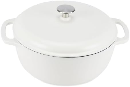 Amazon Basics Enameled Cast Iron Dutch Oven Pot With Lid, 6-Quart, Round, Dual Handles, Heavy-Duty, Oven Safe for Stews, Roasting & Baking, Matte White by AmazonBasics