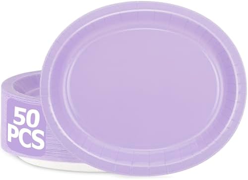 50 Count Lavender Paper Plates Oval Heavy-duty Light Purple Tableware Set by QZYL
