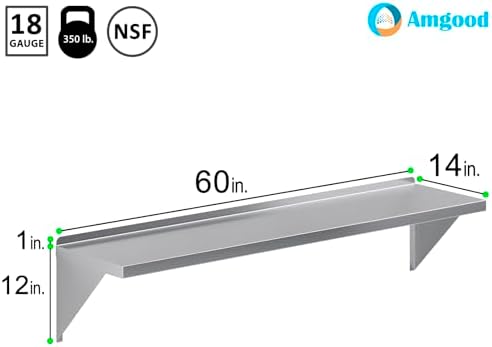 AmGood 14" x 60" Stainless Steel Wall Shelf | Appliance & Equipment Metal Shelving | NSF | Kitchen, Restaurant, Garage, Laundry, Utility Room | Heavy Duty | Turned-Down Edge - Image 3