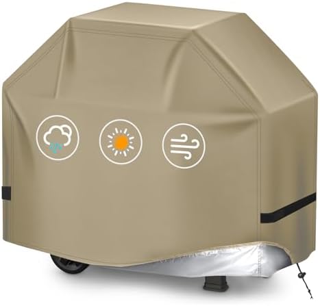 BBQ Gas Grill Cover for Outdoor, Anti-UV, Rip-Proof, 600D Oxford Fade Resistant Material, Barbecue Cover with Hook and Loop Straps & Adjustable Hem Drawstring (Beige, 65”x24”x44”) by TIAOFY