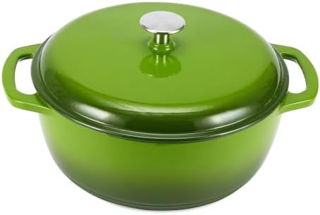 Amazon Basics Enameled Cast Iron Dutch Oven Pot With Lid, 6-Quart, Round, Dual Handles, Heavy-Duty, Oven Safe for Stews, Roasting & Baking, Green by AmazonBasics