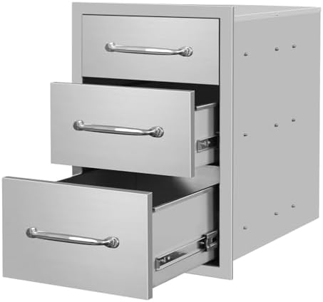 Outdoor Kitchen Drawers 14" W x 21"H x 21"D Stainless Steel Drawer Flush Mount Triple BBQ Drawers with Chrome Handle for Outdoor Kitchen Island, Patio Grill Station by SGOLAN