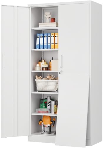 Wide & Deep Metal Storage Cabinet with 2 Doors and 5 Adjustable Shelves,White Locking Metal Cabinet,Large Garage Storage Cabinets,Lockable Tall Pantry Cabinets for Home,Office,Garage,Shop 72x36x18 by SISESOL