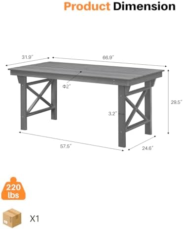 HDPE Outdoor Dining Table, 66.9” Rectangle Patio Dining Table for 6, All-Weather HDPE Outdoor Table with 2.2” Umbrella Hole, HDPE Patio Furniture for Deck, Backyard, Garden, Pool, Smoke Gray - Image 3