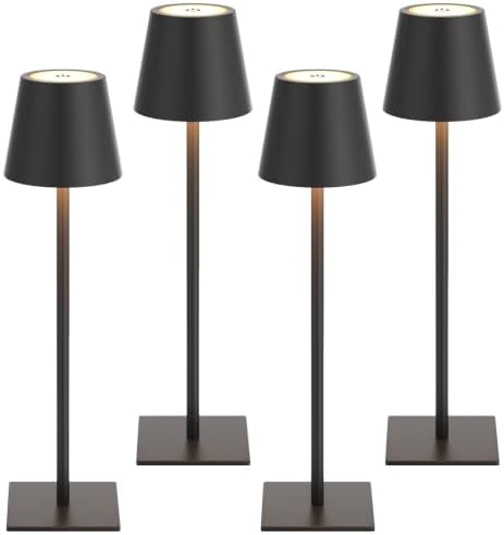 Kakanuo Cordless Rechargeable Table Lamp Black 5000mAh Battery Operated Lamps, 3 Colors Stepless Dimming Touch Lamp for Dining, Living Room, Outdoor Patio, Kitchen Counter, 4 Pack by KakanuoLightings