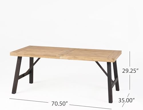 70.5'' Outdoor Patio Dining Table & 2 Bench for 4, Acacia Wood Farmhouse Dining Table Set Outdoor & Indoor Furniture for Patio Porch Garden, H-Shaped Base, 3-Pcs, Light Brown - Image 2
