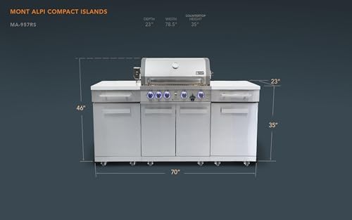 Mont Alpi Premium 70"W x 24"D Stainless Steel Compact Outdoor Kitchen Island with Access Doors + 32"W 4-Burner BBQ Gas Grill with Infrared Rear Burner + Storage Cabinets + White Granite Countertops - Image 3