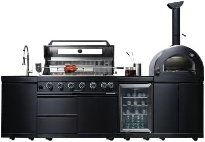 109" Outdoor Kitchen Island Gas Grill with Pizza Oven & Sink by XINONE