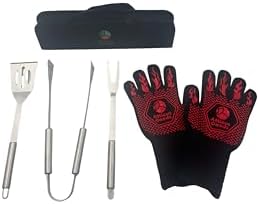 Stainless Steel Grill Set, 5 Piece Heavy Duty Barbecue Tools, BBQ Grilling Accessories Grill Kit with Tongs, Spatula, Fork, Gloves and Zippered Carry Bag, BBQ Grill Accessories by Unknown