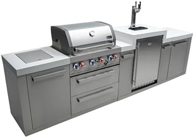 Mont Alpi Premium 130"W x 23"D x 55"H Stainless Steel Modular Outdoor Kitchen Island with Side Burner + 3-tap Kegerator Beer Dispenser + 32"W 4-Burner BBQ Gas Grill + Granite Countertops + Storage by MontAlpi