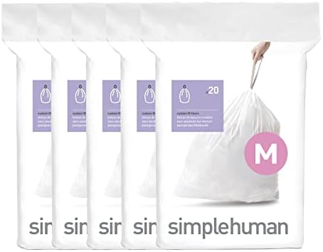 simplehuman Code M 100 Count Custom Fit Liners, Drawstring Kitchen Trash Bags, One-by-One Mess-Free Dispense, Extra Thick & Double Seamed, 50% PCR Plastic, 40-45 Liter / 11-12 Gallon, White by Unknown