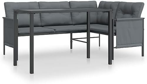 Anthracite Steel Outdoor Furniture Garden Dining Set with Fabric Cushions, Compact Patio Conversation Table and Sofa Lounge for Two People - Image 2