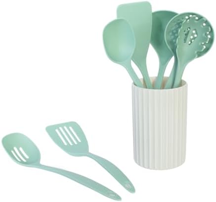 Glad Kitchen Utensils Set, 8pcs - Nonstick Cooking Tools with Utensil Holder - Nylon Spoon, Ladle, Skimmer, Spaghetti Server, and Turner Spatula Set - Dishwasher Safe, Teal Green - Image 3