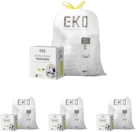 EKO Easy-Dispense Roll Extra-Strong Drawstring Tall Kitchen Trash Bag, 8-9.5 Gallon Trash Bag (30.3L-36L) White, Code E, 80 Count (Pack of 4) by Unknown