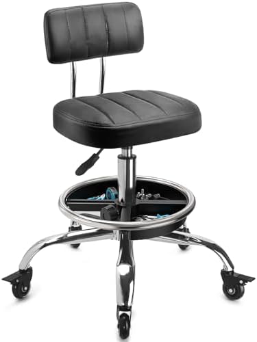 Garage Mechanic Stool with Backrest, Height Adjustable Heavy Duty Swivel Task Chair, Rolling Workshop Stool with Tool Tray Storage, Mechanic Chair for Garage, Shop, Auto Repair (Black) by LWADALN