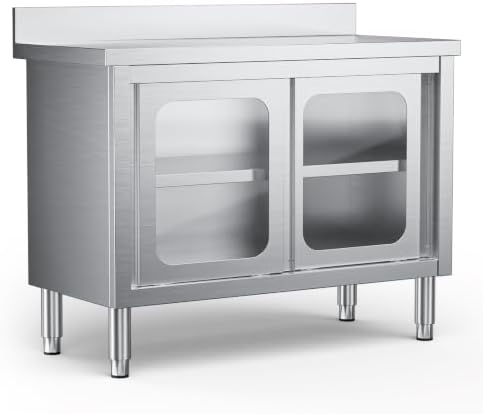 47“ Stainless Steel Work Table with Cabinet, Glass Door Storage Cabinet by Unknown