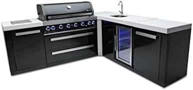 Mont Alpi 132"W x 23"D x 46"H Black Stainless Steel L-shaped Outdoor Kitchen Island with Beverage Center Fridge + Faucet & Sink Combo + 44"W 6-Burner BBQ Grill + Granite Countertops + Storage + Cover by MontAlpi