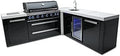 Mont Alpi 132"W x 23"D x 46"H Black Stainless Steel L-shaped Outdoor Kitchen Island with Beverage Center Fridge + Faucet & Sink Combo + 44"W 6-Burner BBQ Grill + Granite Countertops + Storage + Cover by MontAlpi