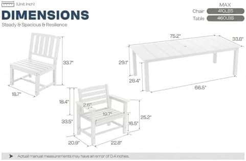 Perli™ 9-Piece Outdoor Dining Set, All-Weather HDPE Patio Furniture with 8 Ergonomic Chairs & Large Table, Built-in Umbrella Hole, UV-Resistant Set for Backyard, Deck, Poolside, White - Image 4