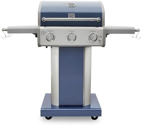 Kenmore 3-Burner Propane BBQ Grill, 30,000 BTUs Gas Grill with Cast Iron Cooking Grates, Folding Side Tables & Wheels, Outdoor Grill with Tool Hooks, Azure Blue by Kenmore