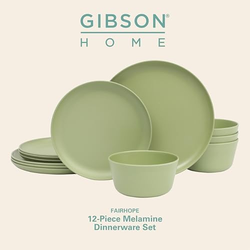 Gibson Home Fairhope 12-Piece Matte Green Melamine Dinnerware Set – Durable Lightweight Plates and Bowls, Kitchen Dining Set - Image 2
