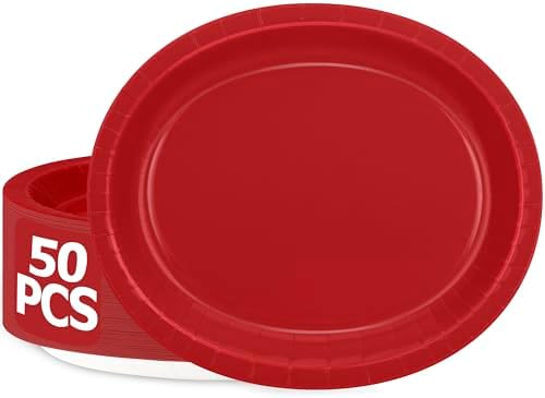 50 Count Red Paper Plates 12.2" x 10.2" Heavy-duty Oval Red Dinner Plates by QZYL