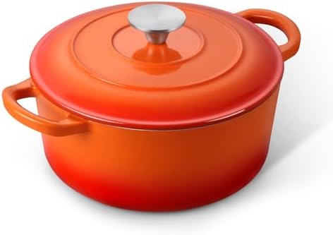 E-far 3 Qt Enameled Cast Iron Dutch Oven with Lid, Small Round Nonstick Dutch Oven Pot for Bread Baking Braising Stews Roasting Cooking, Heavy Duty, Induction & Oven Safe - Orange by E-far