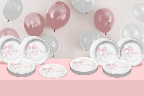 Birthday Galore Pink Bows Oh Baby Baby Shower - 32 Piece Disposable Party Supplies - Girl's Baby Shower Decorations - Round Party Plates - Large 9" Paper Plates In Bulk - Image 6