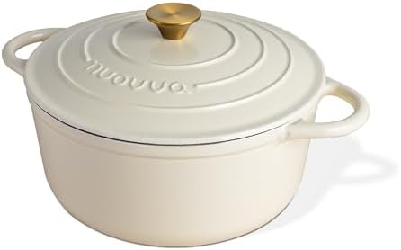 Cast Iron Pot with Lid-Non-Stick Ovenproof Enamelled Casserole Pot, Oven Safe up to 500° F-Sturdy Dutch Oven Cookware - Cream, 5-Quart, 24cm-by Nuovva by Nuovva