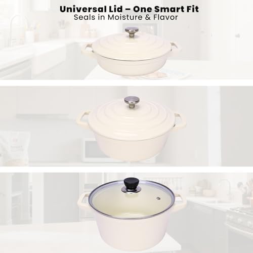 QuliMetal Enameled Cast Iron Set 5-Pc, 10" Stackable Space-Saving Cookware Set, Dutch Oven, Skillet, Grill Pan, with 2 Universal Lid, Versatile Enamel Dutch Oven, Included Spacers, White - Image 5