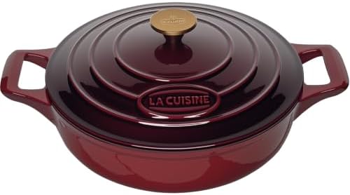 La Cuisine Enameled Cast Iron Braiser Sauté Pan Shallow Dutch Oven with Golden Knob for Lid Internal Matt Black Enamel 3.75 QT 11" / 28cm Ø Oven-Safe 550°F/276°C, Cranberry by LaCuisineforlife