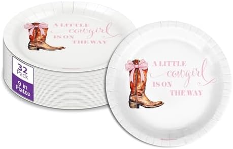 Birthday Galore Pink Bows Cowgirl on The Way Baby Shower - 32 Piece Disposable Party Supplies - Baby Shower Decorations - Round Party Plates - Large 9" Paper Plates In Bulk by BirthdayGalore
