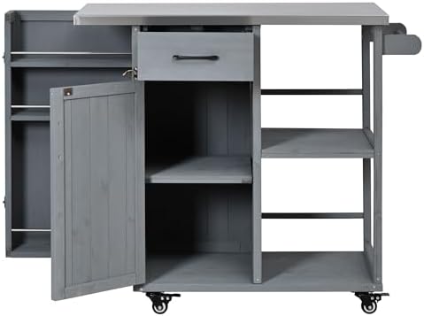Outdoor Kitchen Island Cart with Stainless Steel Top, Rolling Grill Table with Storage Cabinet Drawer Shelves and Towel Rack, Wooden BBQ Prep Station with Lockable Wheels for Patio Backyard, Grey - Image 7