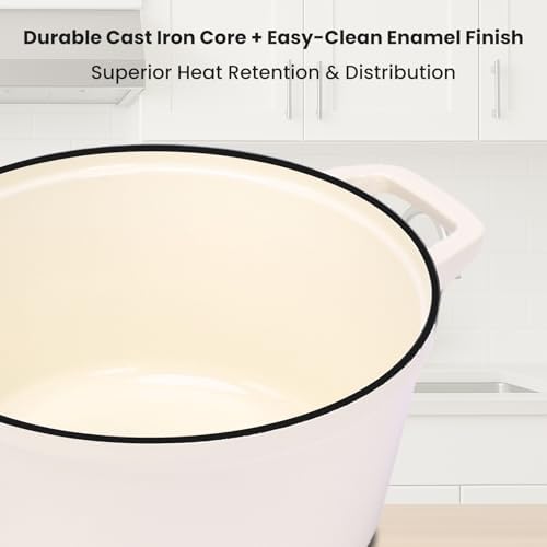 QuliMetal Enameled Cast Iron Set 5-Pc, 10" Stackable Space-Saving Cookware Set, Dutch Oven, Skillet, Grill Pan, with 2 Universal Lid, Versatile Enamel Dutch Oven, Included Spacers, White - Image 4