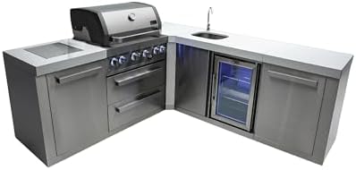 Mont Alpi Premium 82"W x 88"D L-shaped Stainless Steel Modular Outdoor Kitchen Island + Side Burner + Beverage Center Refrigerator Faucet & Sink + 32"W 4-Burner BBQ Grill + Storage Cabinets & Drawers by MontAlpi