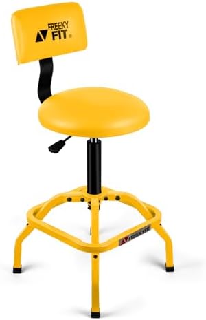 Shop Stool with Backrest, Mechanic Garage Stool for Workshop, Adjustable Shop Stools Chair, Padded Workbench Stools for Men Women, 300 LBS Capacity, 360° Swivel PVC Seat, Heavy Duty, Yellow by FreekyFit