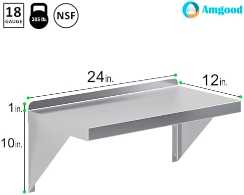 AmGood 12" Width x 24" Length | Stainless Steel Wall Shelf | Turned-Down Edge | Metal Shelving | Heavy Duty | Commercial Grade | Wall Mount | NSF Certified - Image 3