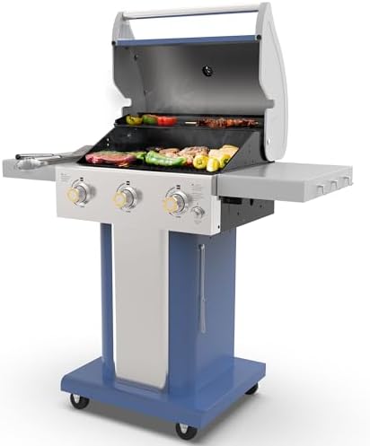 Permasteel 3-Burner Propane Gas Grill, 30,000 BTUs BBQ Grill with Cast Iron Grates, Foldable Side Tables & Tool Hooks, Outdoor Grill, Azure by Unknown