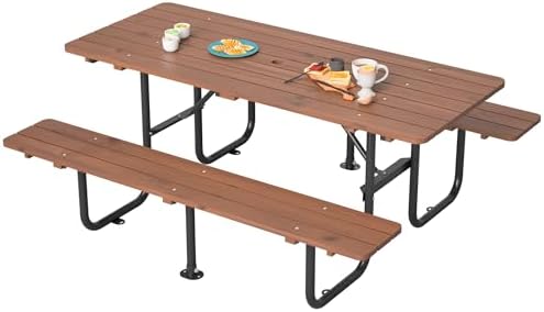 72'' Rectangular Outdoor Dining Table Wooden Patio Dining Table & 2 Built-in Bench for 8, 2" Umbrella Hole & Metal Base, Suitable for Picnic Backyard Garden Porch, Brown - Image 7