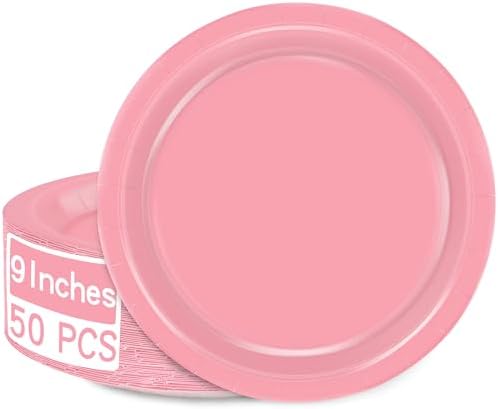 50 Count Pink Paper Plates 9 Inches Round Heavy-duty Pink Plates for Party by QZYL