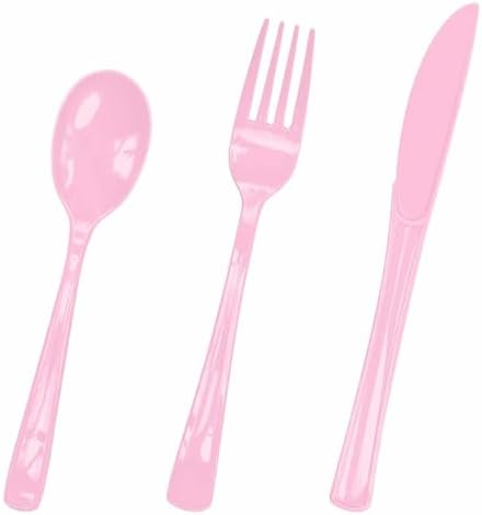 HEIPINIUYE 75 Pack Light Pink Plastic Cutlery Heavy Duty Baby Pink Plastic Knives Forks and Spoons Disposable Silverware Set for 25 Guest Camping Birthday Baby Shower Party Cutlery Set by HEIPINIUYE