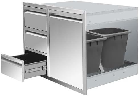 Outdoor Kitchen BBQ Island Drawers Combo 28" W x 20.1" H x 19.7" D with Recessed Handle BBQ Access Triple Drawers and Trash Drawer for BBQ Island Patio Grill Station by KODOM