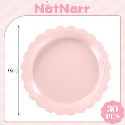 NatNarr 30 Pk Pink Paper Plates 9" Disposable Scalloped Pink Birthday Plate - Image 2