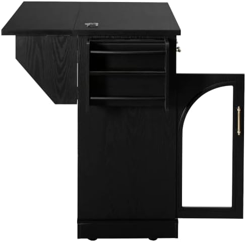 65" Rolling Kitchen Island with Storage and Drop Leaf & Arched Door Black - Image 7